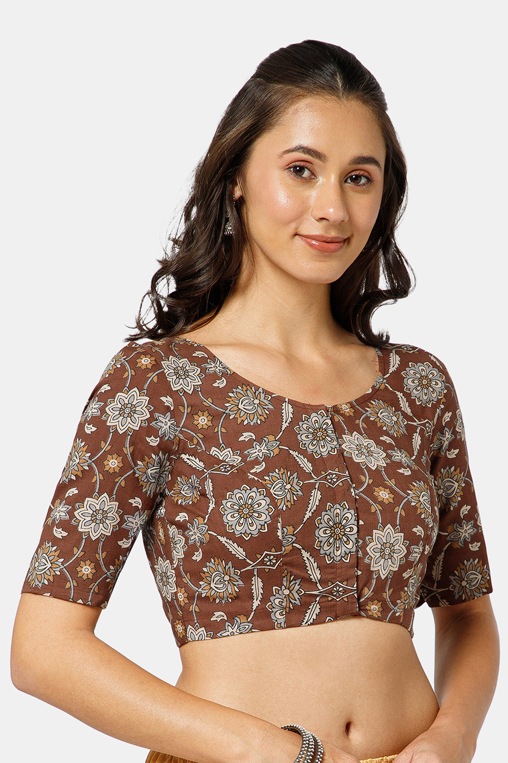 Naidu Hall Women’s Kalamkari Block Printed Cotton Blouse with U Neck Elbow Sleeves and Princess Cut - Brown - BU17-P2