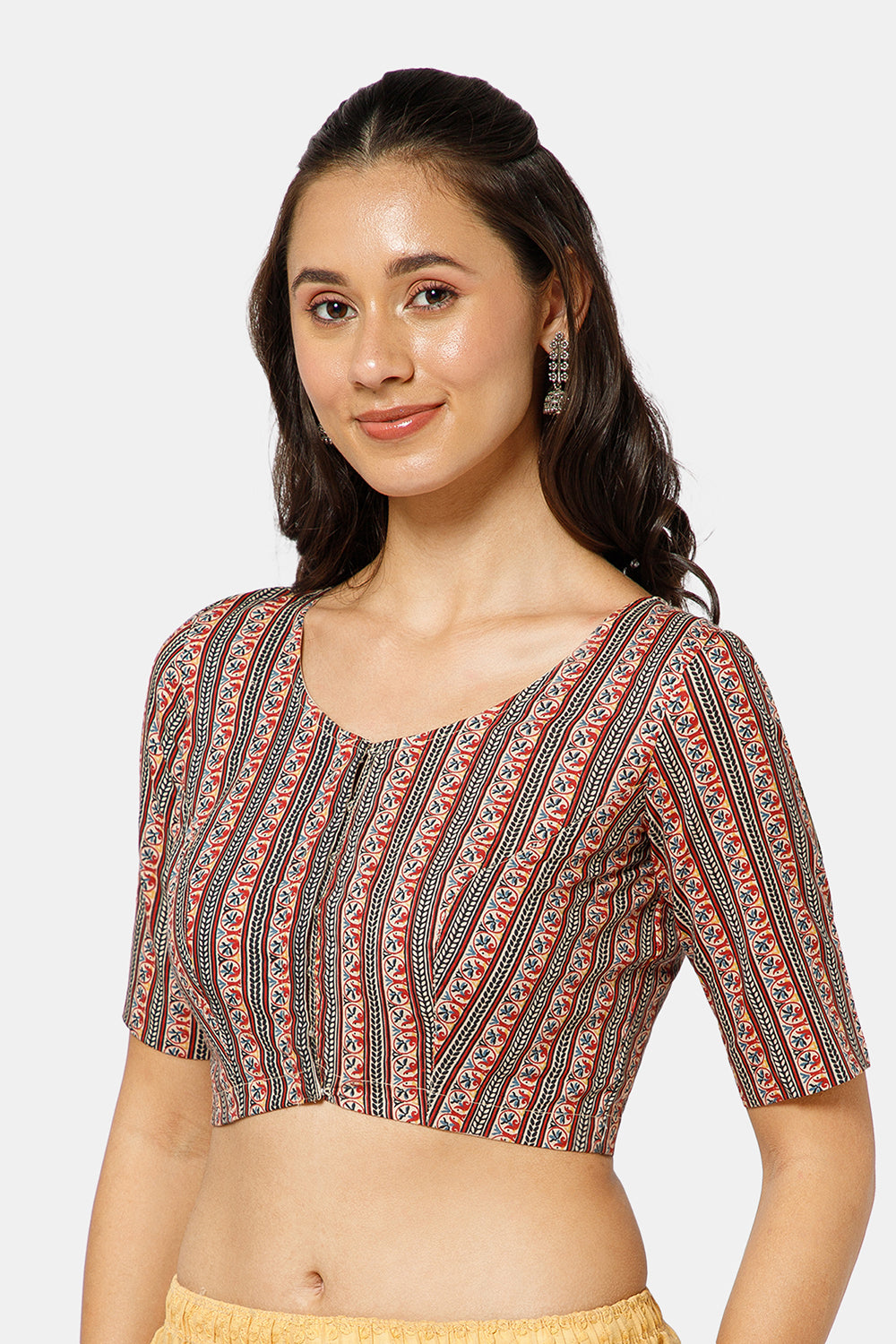 Naidu Hall Women’s Kalamkari Block Printed Cotton Blouse with U Neck Elbow Sleeves and Princess Cut - Black - BU17-P3
