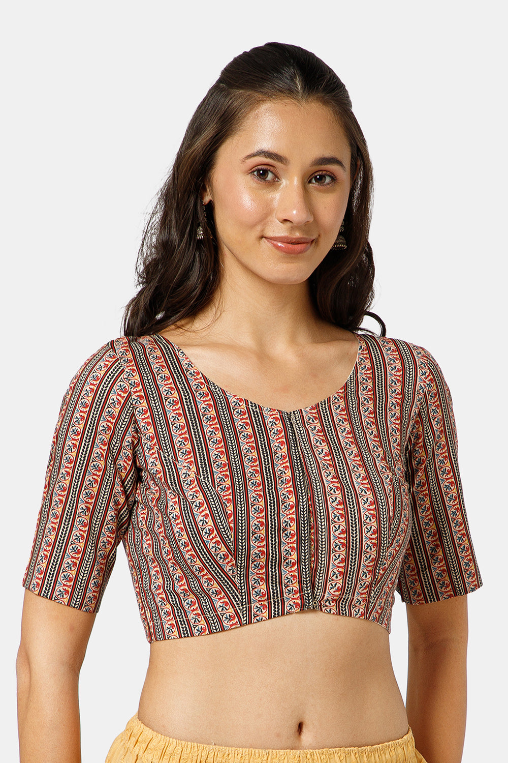 Naidu Hall Women’s Kalamkari Block Printed Cotton Blouse with U Neck Elbow Sleeves and Princess Cut - Black - BU17-P3