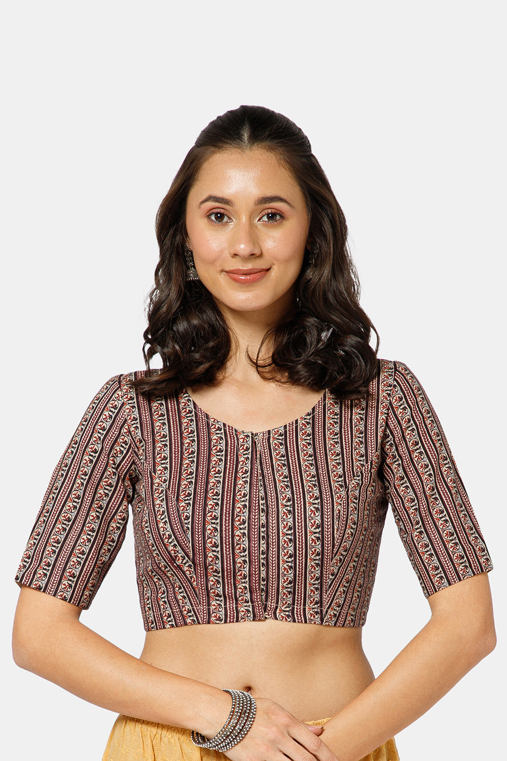 Naidu Hall Women’s Ikat Cotton U Neck Blouse with Elbow Sleeves and Front Hook Closure - Maroon - BU17-P3