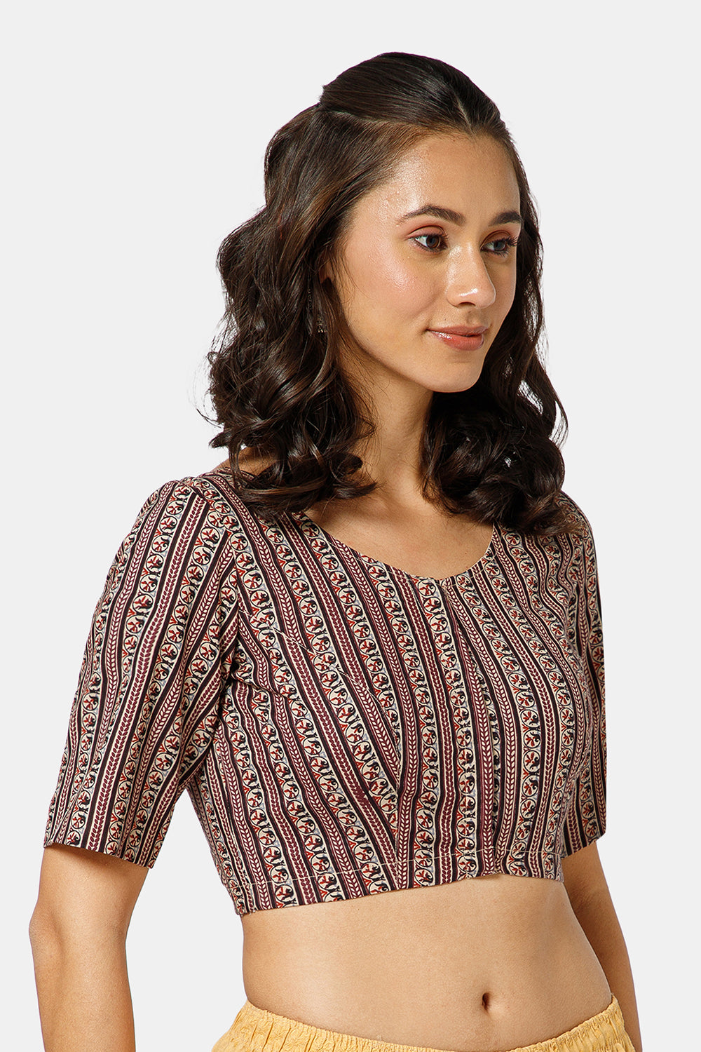 Naidu Hall Women’s Ikat Cotton U Neck Blouse with Elbow Sleeves and Front Hook Closure - Maroon - BU17-P3