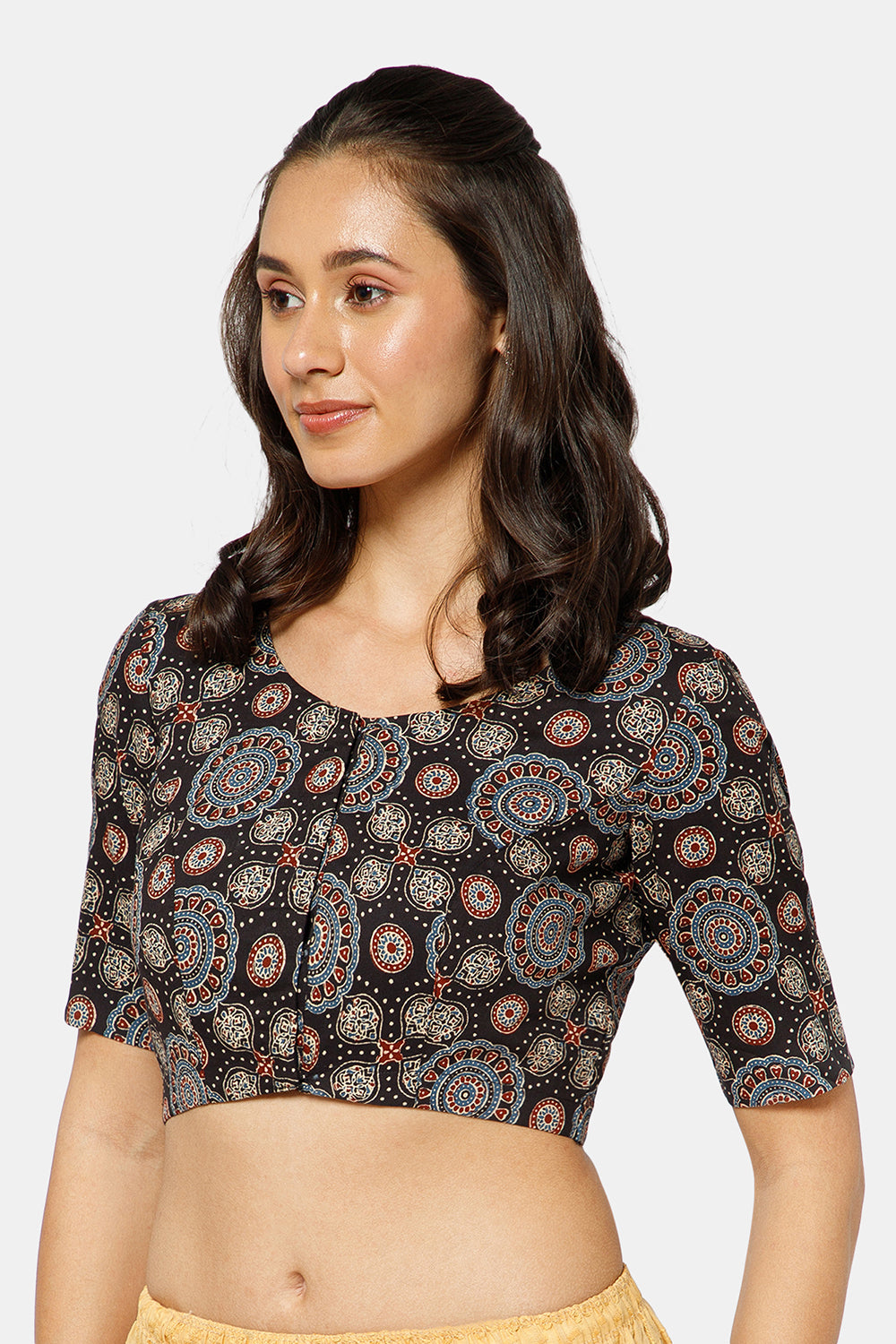 Naidu Hall Women’s Ikat Cotton U Neck Blouse with Elbow Sleeves and Front Hook Closure - Black - BU17-P4