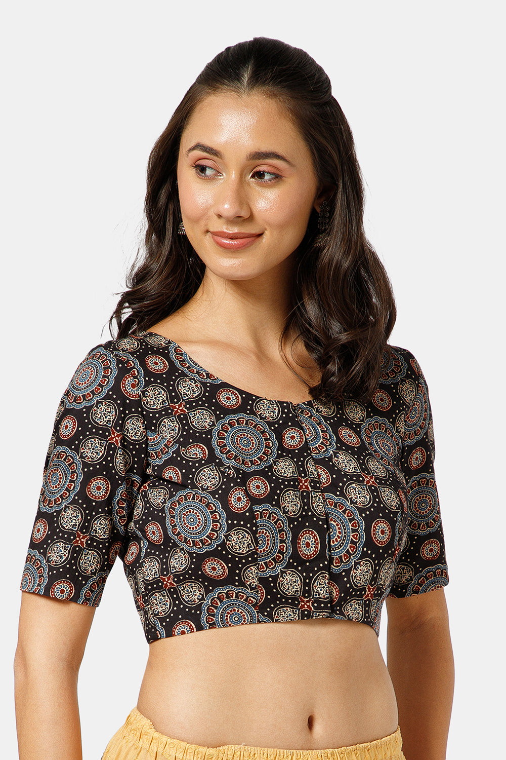Naidu Hall Women’s Ikat Cotton U Neck Blouse with Elbow Sleeves and Front Hook Closure - Black - BU17-P4