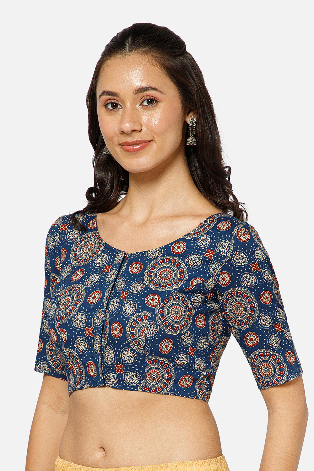 Naidu Hall Women’s Ikat Cotton U Neck Blouse with Elbow Sleeves and Front Hook Closure - Blue - BU17-P4