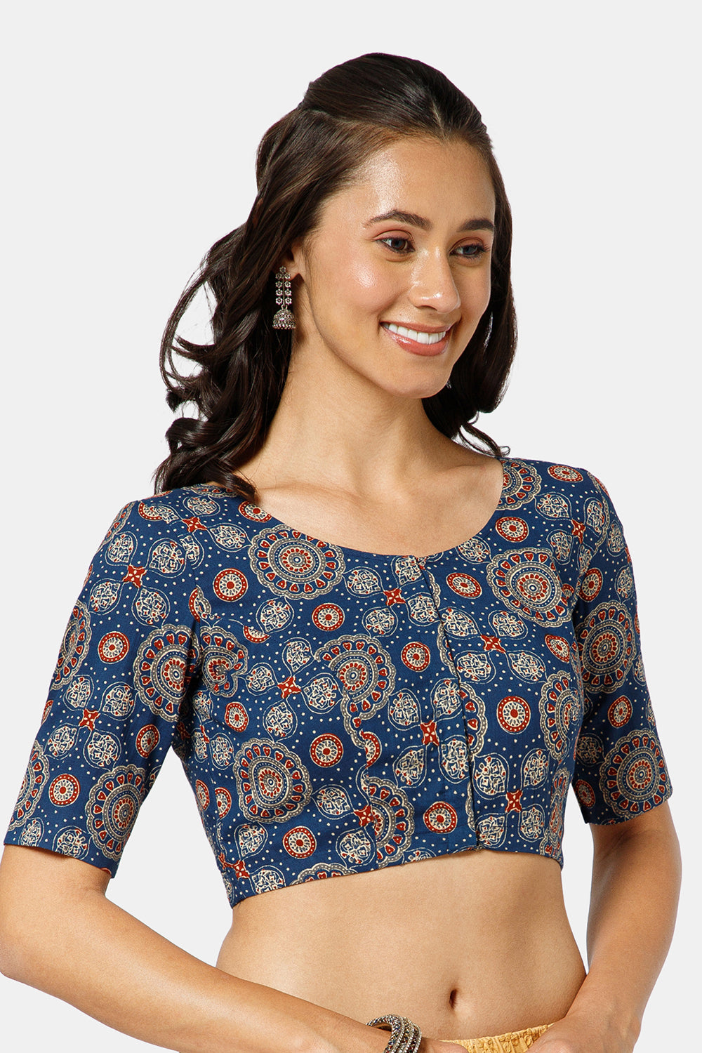 Naidu Hall Women’s Ikat Cotton U Neck Blouse with Elbow Sleeves and Front Hook Closure - Blue - BU17-P4