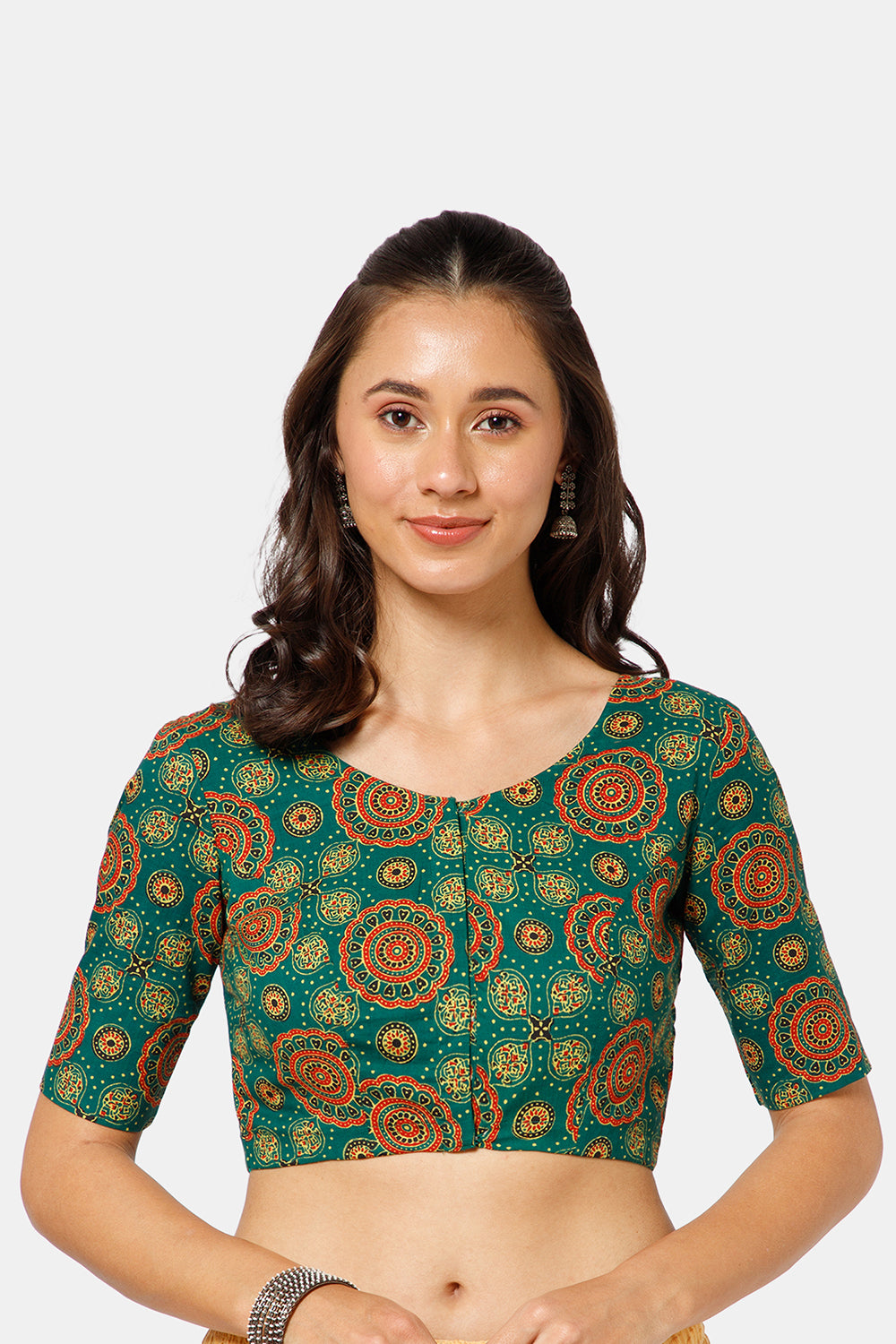 Naidu Hall Women’s Kalamkari Block Printed Cotton Blouse with U Neck Elbow Sleeves and Princess Cut - Green - BU17-P4