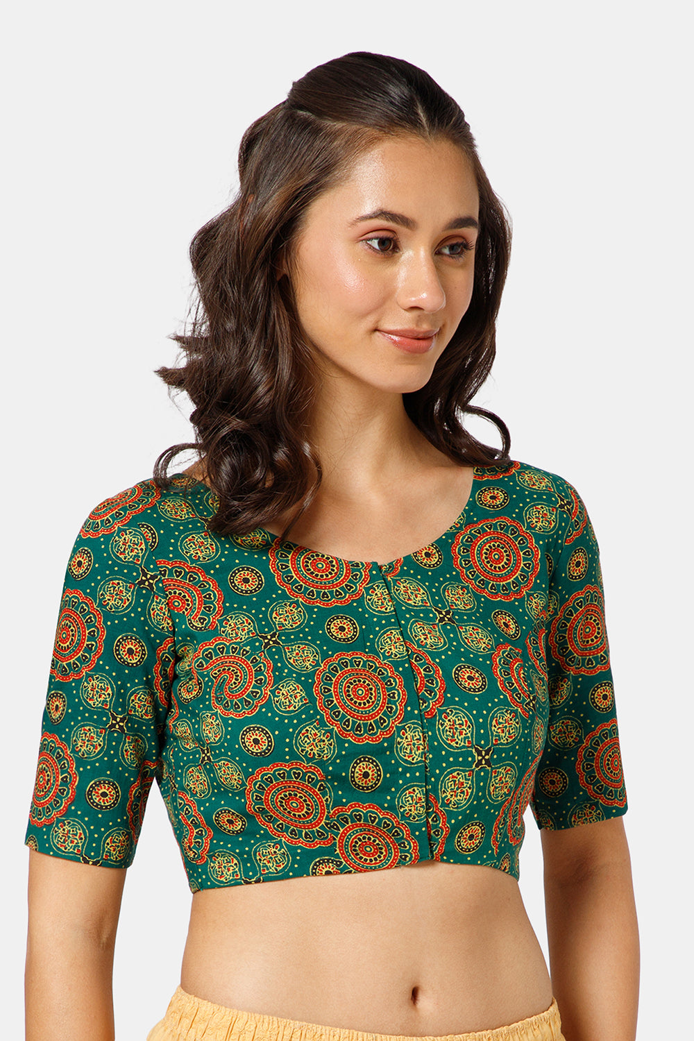 Naidu Hall Women’s Kalamkari Block Printed Cotton Blouse with U Neck Elbow Sleeves and Princess Cut - Green - BU17-P4