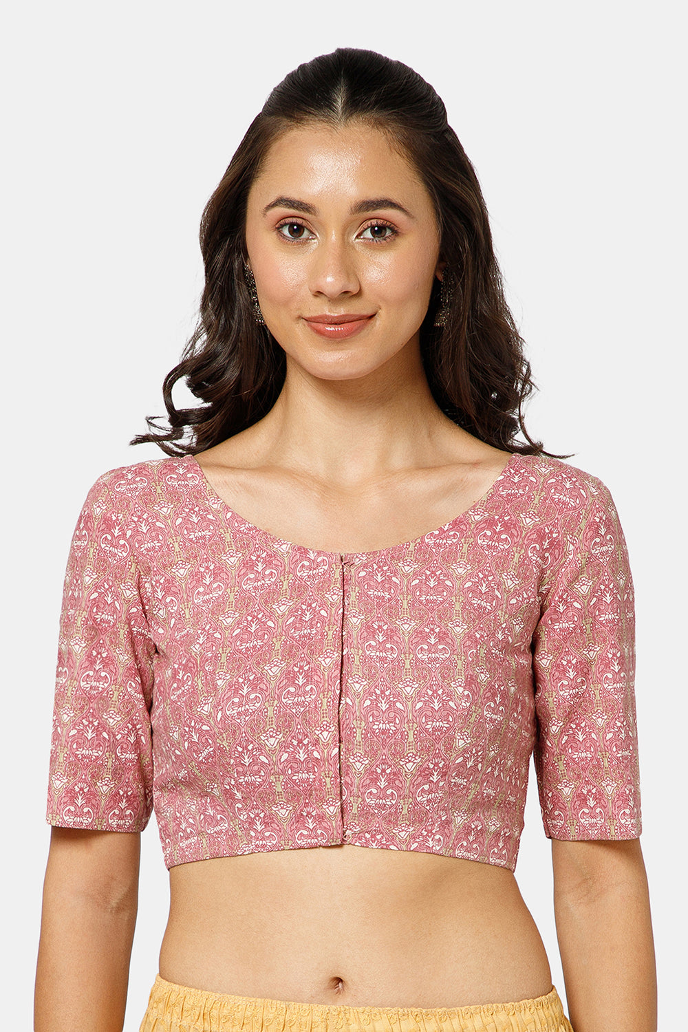 Naidu Hall Women’s Kalamkari Block Printed Cotton Blouse with U Neck Elbow Sleeves and Princess Cut - Pink - BU17-P1