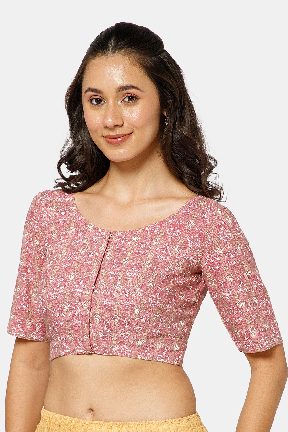 Naidu Hall Women’s Kalamkari Block Printed Cotton Blouse with U Neck Elbow Sleeves and Princess Cut - Pink - BU17-P1