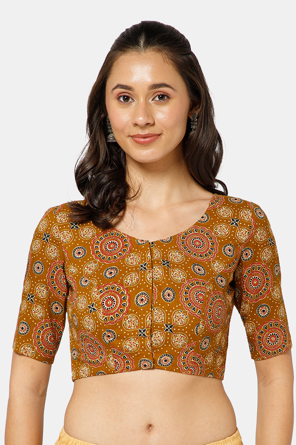 Naidu Hall Women’s Kalamkari Block Printed Cotton Blouse with U Neck Elbow Sleeves and Princess Cut - Mustard - BU17-P4