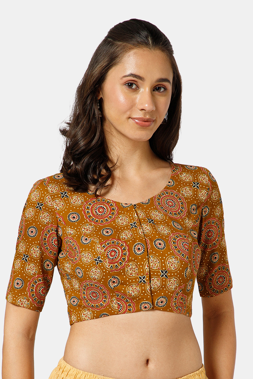Naidu Hall Women’s Kalamkari Block Printed Cotton Blouse with U Neck Elbow Sleeves and Princess Cut - Mustard - BU17-P4