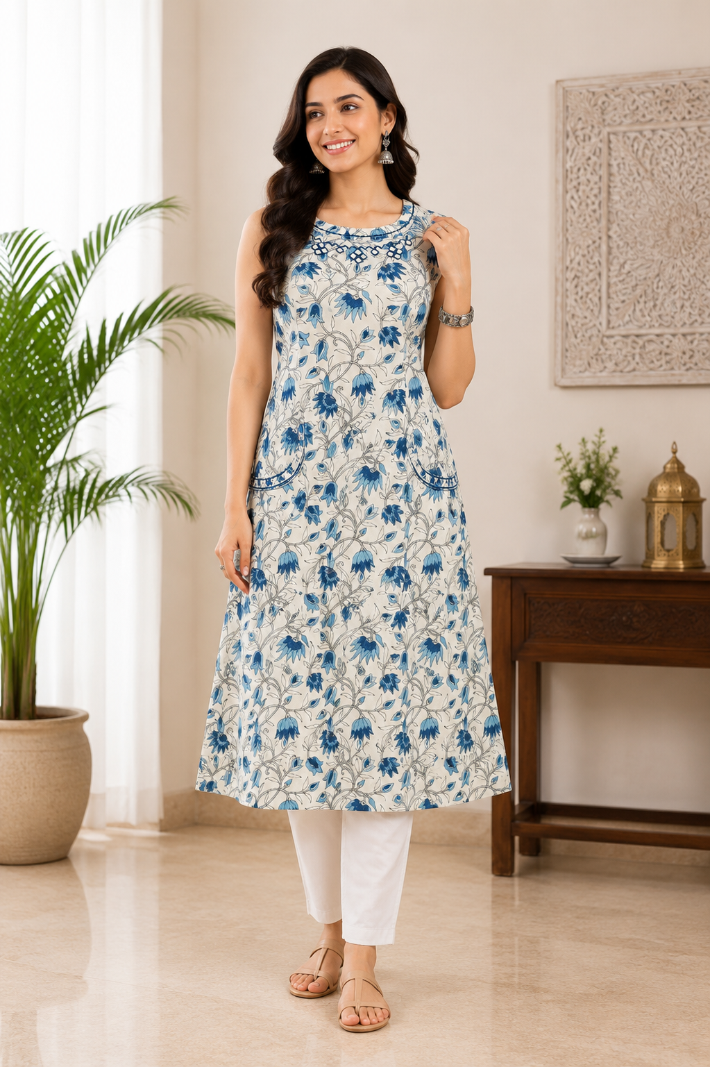 Mythri Women's Cotton Sleeveless Embroidered Kurti | Close Neck Straight Kurti with Patch Pocket | Casual, Office & Everyday Ethnic Wear - K111