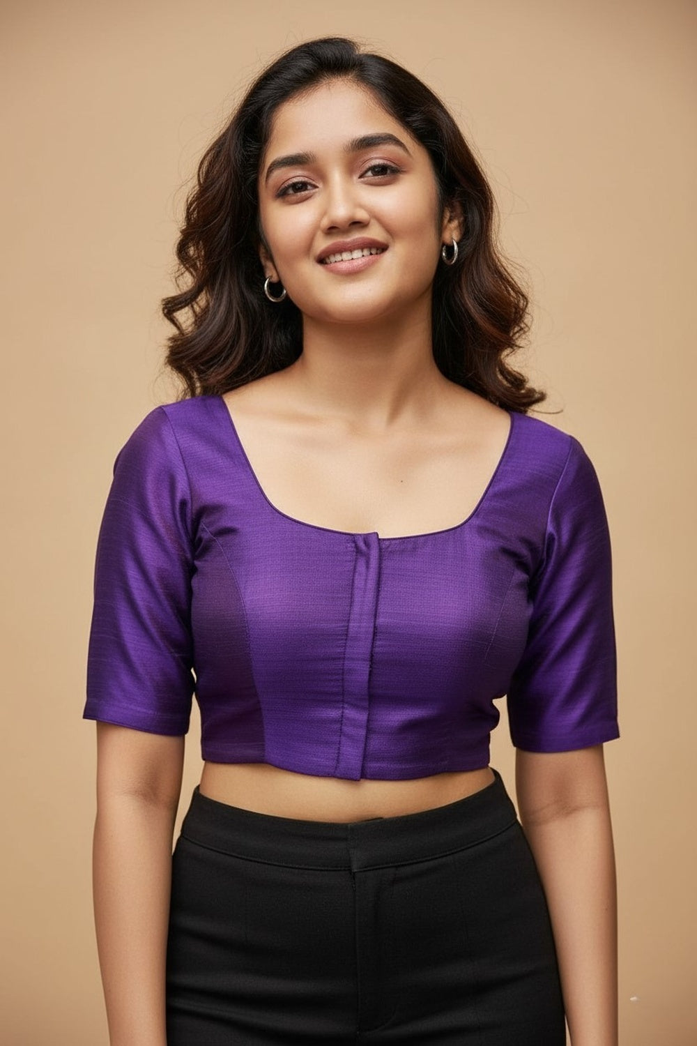 Women's Blouse Raw Silk Padded Front Open Round Neck Princess Cut Elbow Sleeve Saree Blouse with Round Back - Violet - R124