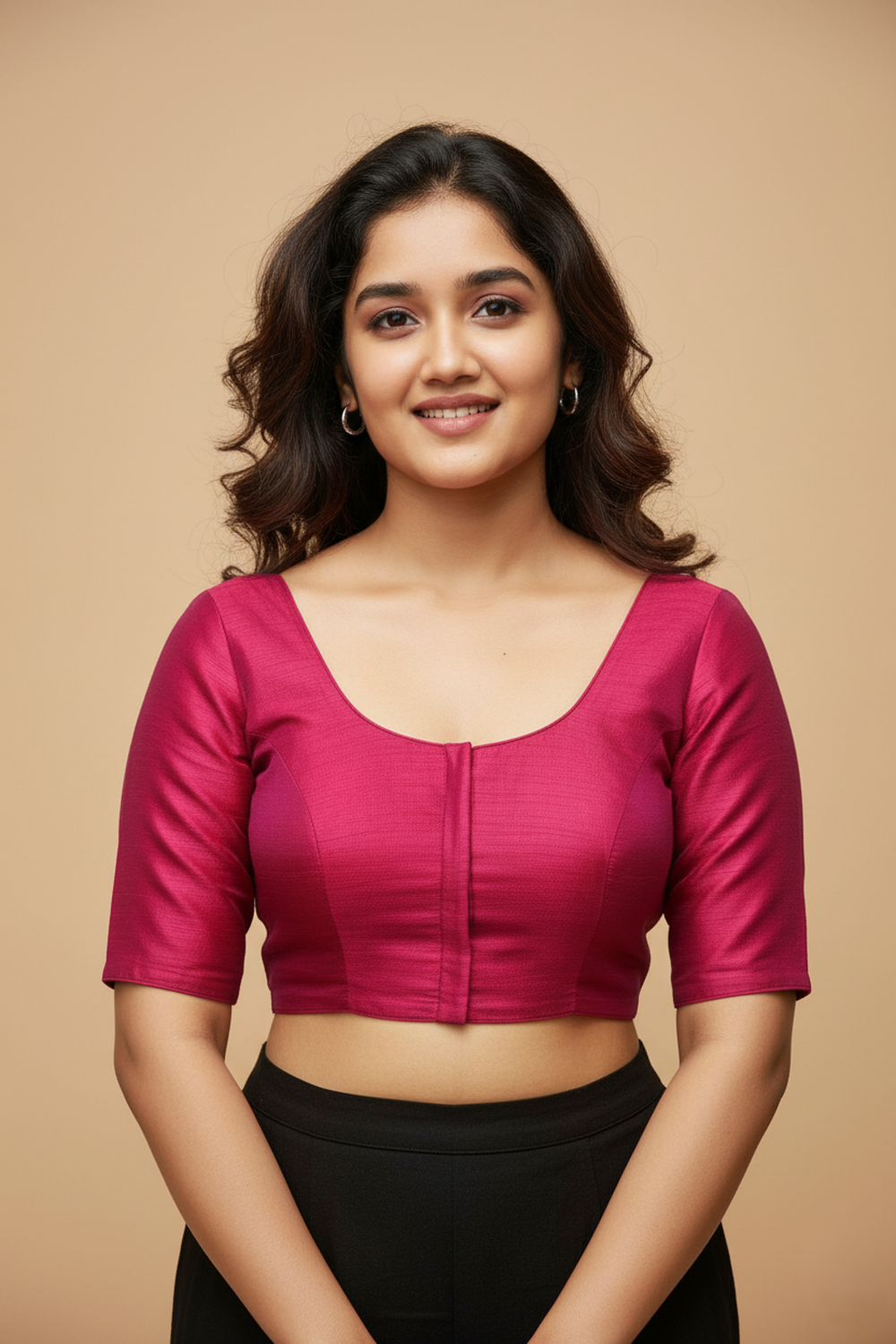 Women’s Blouse Raw Silk Padded Front Open Round Neck Princess Cut Elbow Sleeve Saree Blouse with Round Back - Maroon - R124