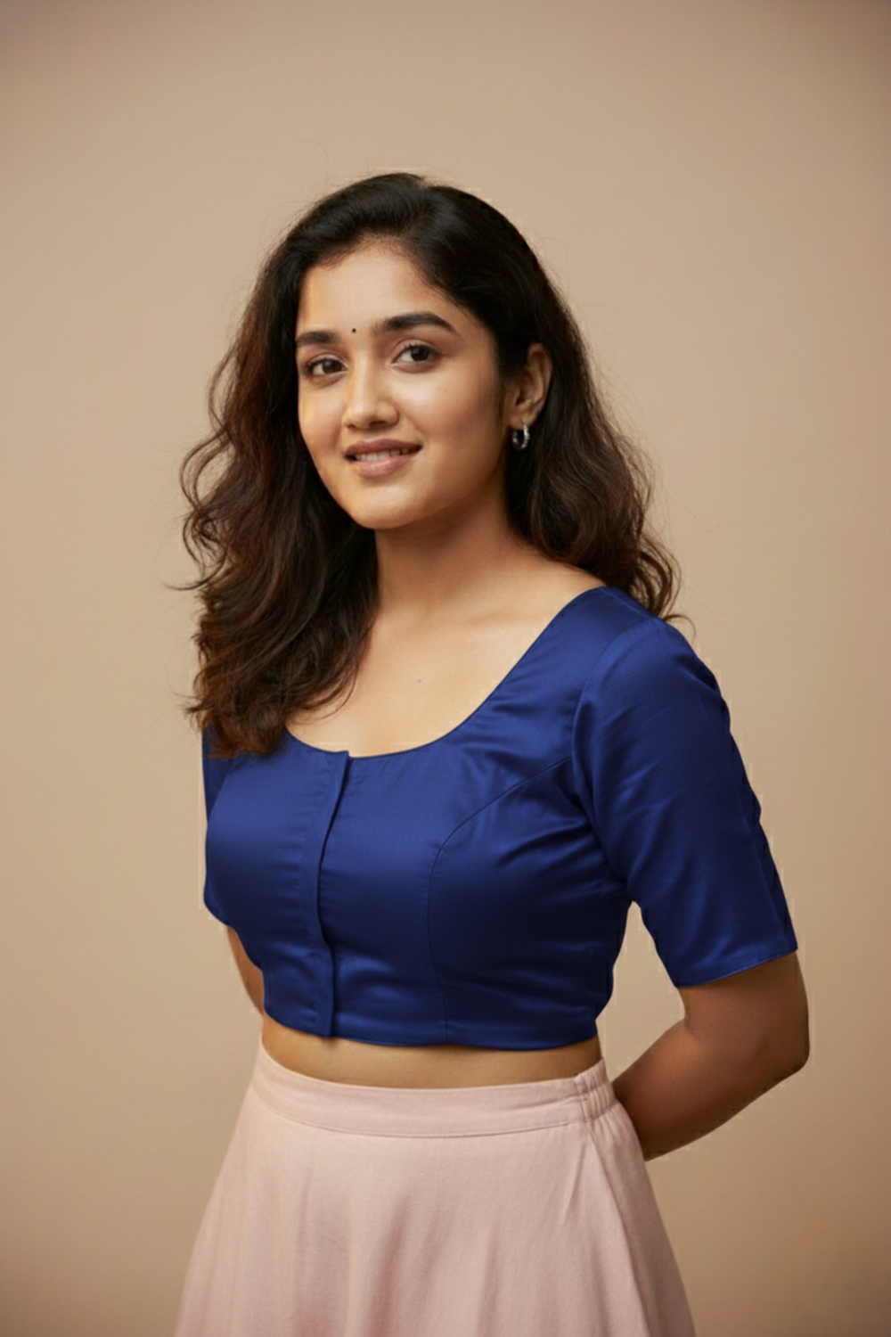 Women's Blouse Silk Blend Padded Front Open Round Neck Princess Cut Elbow Sleeve Solid Saree Blouse with Round Back - Royal Blue - 4050