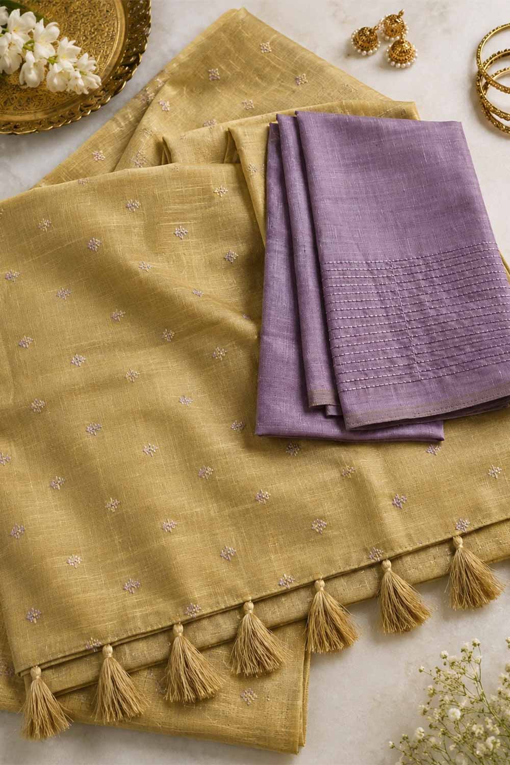 Womens Gold Cotton Rich Saree with Blouse – Embroidered Festive Saree for Women | Wedding & Party Wear Saree - WS03