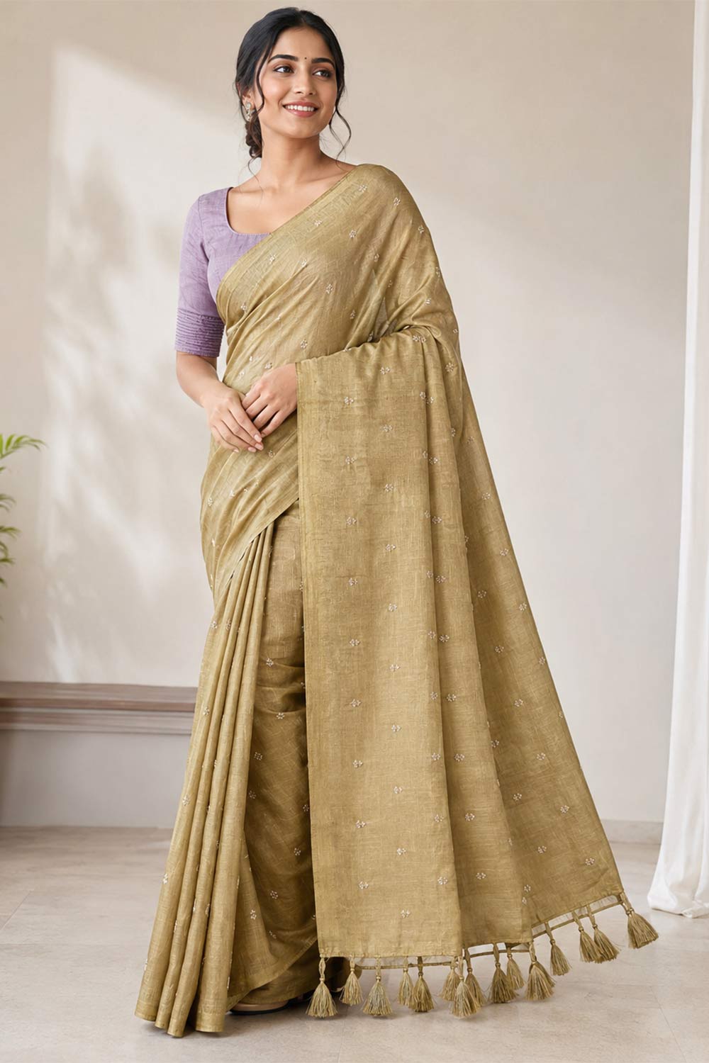 Womens Gold Cotton Rich Saree with Blouse – Embroidered Festive Saree for Women | Wedding & Party Wear Saree - WS03