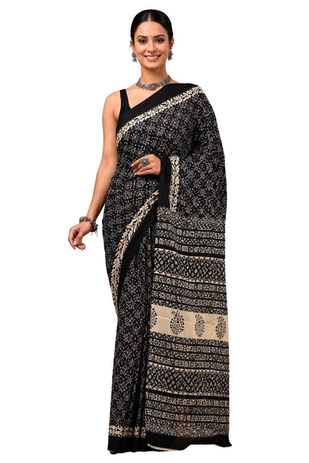 Women’s Black Pure Cotton Jaipur Print Saree with Blouse – Printed Cotton Traditional Saree for Women | Festive & Office Wear Saree - WS05