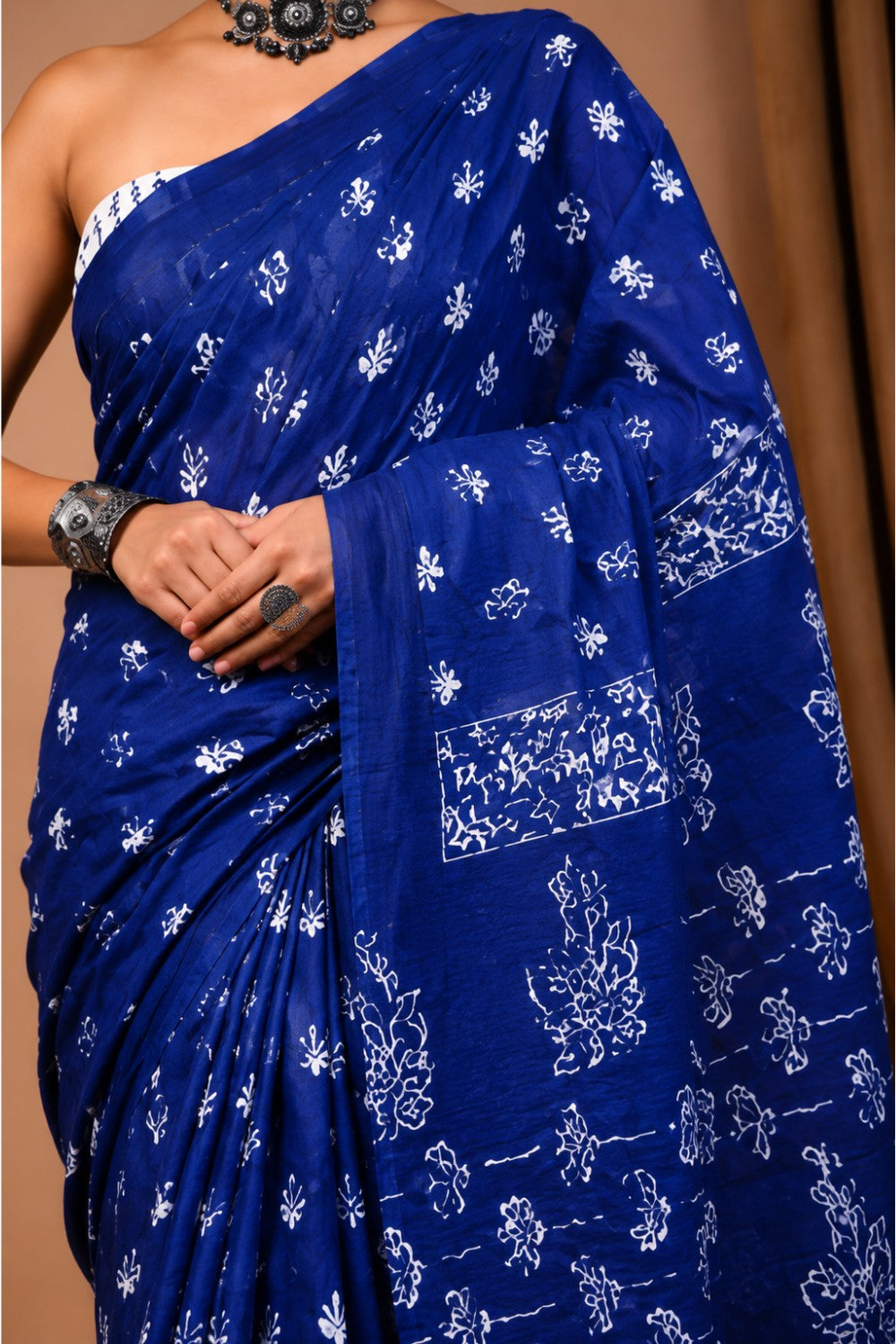 Women’s Dark Blue Pure Cotton Jaipur Print Saree with Blouse – Printed Cotton Saree for Women | Casual & Ethnic Wear Saree - WS05