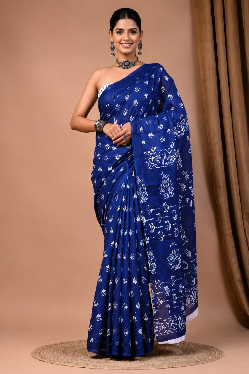 Women’s Dark Blue Pure Cotton Jaipur Print Saree with Blouse – Printed Cotton Saree for Women | Casual & Ethnic Wear Saree - WS05