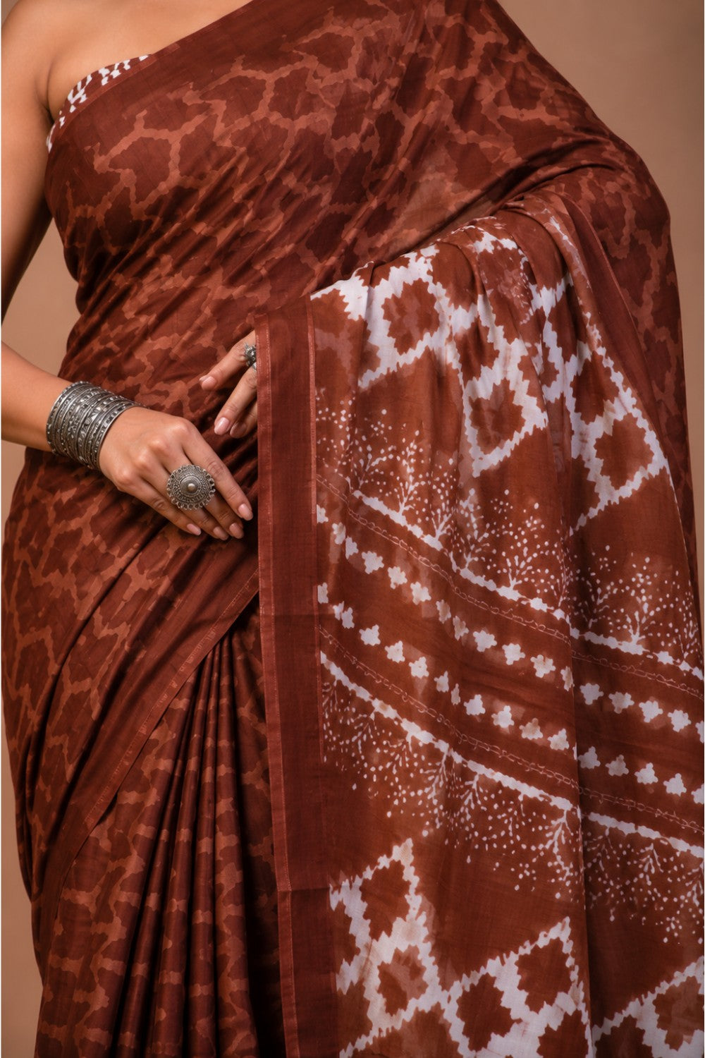 Women’s Pure Cotton Jaipur Print Saree with Blouse – Brown Printed Saree for Women | Traditional Ethnic Wear Saree - WS05