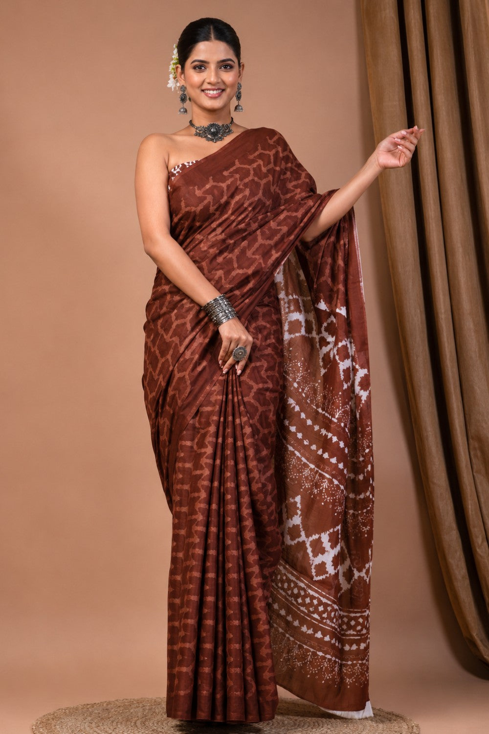 Women’s Pure Cotton Jaipur Print Saree with Blouse – Brown Printed Saree for Women | Traditional Ethnic Wear Saree - WS05