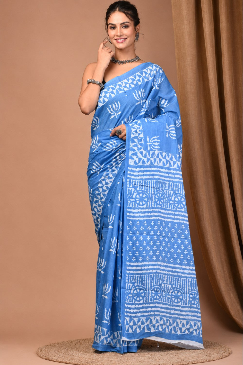 Women’s Light Blue Pure Cotton Jaipur Print Saree with Blouse | Traditional & Office Wear Cotton Saree - WS05