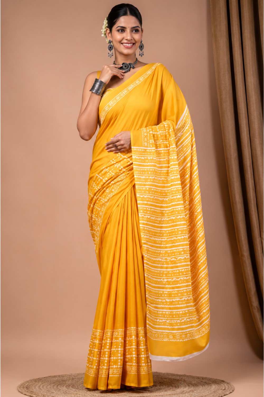 Women’s Mustard Pure Cotton Printed Saree with Blouse – Jaipur Print Traditional Cotton Saree for Women - WS05