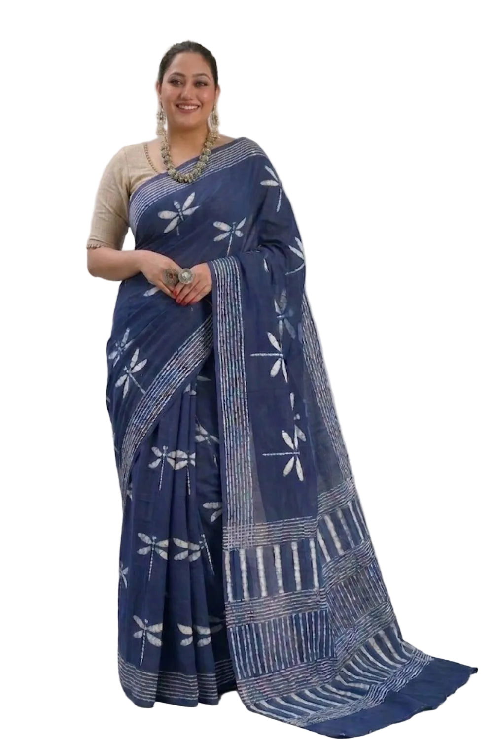 Naidu Hall Women's Blue Jaipur Print Cotton Blend Saree with Blouse | Lightweight Ethnic Wear Saree - WS08