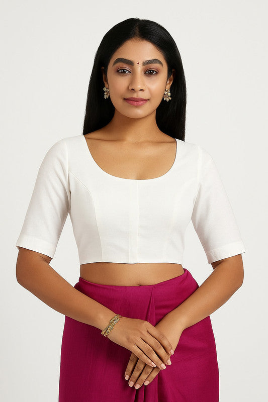 Women’s Blouse Raw Silk Padded Front Open Round Neck Princess Cut Elbow Sleeve Saree Blouse with Round Back - Off White - R124