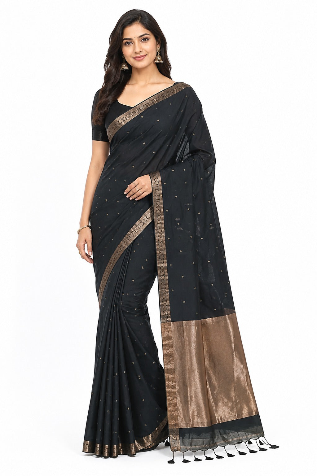 Naidu Hall Women's Black Bengal Cotton Blend Jacquard Saree with Blouse | Lightweight Ethnic Wear Saree - R553