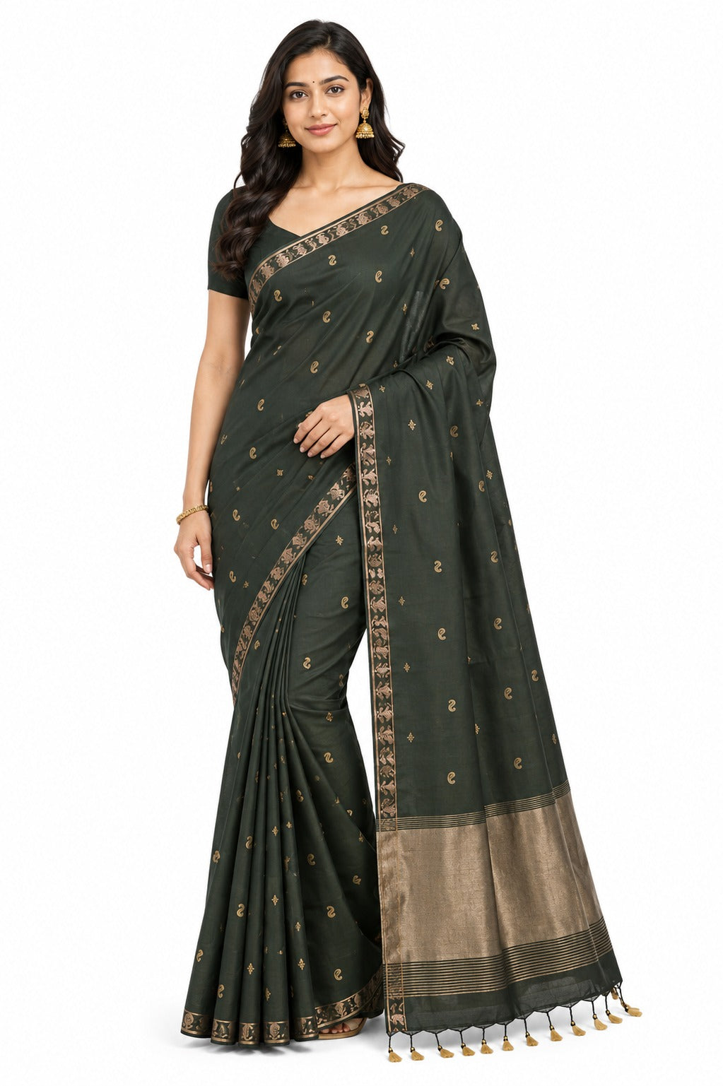Naidu Hall Women's Dark Green Bengal Cotton Blend Jacquard Saree with Blouse | Lightweight Ethnic Wear Saree - R551