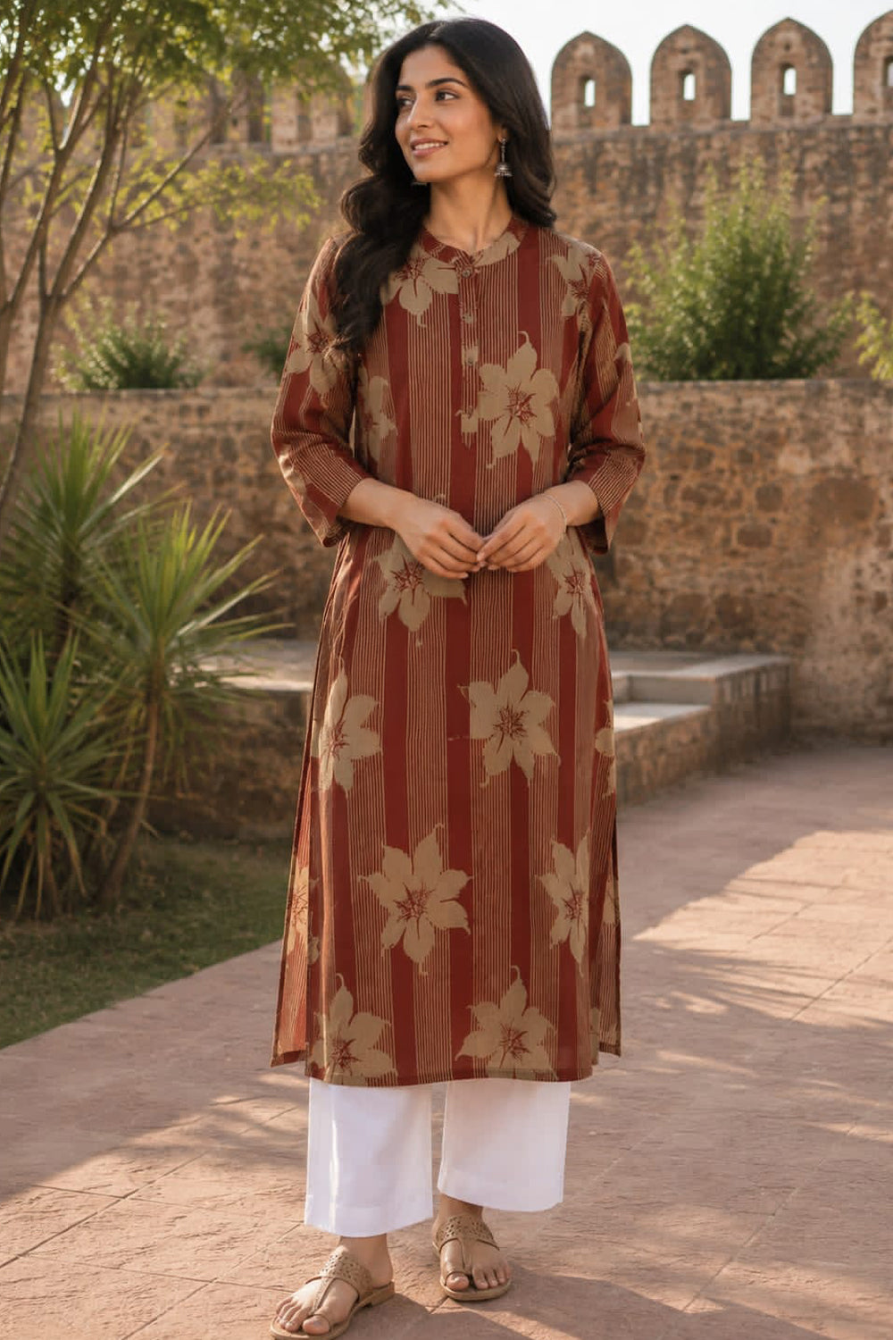 Women's Prints Cotton Blend Kurti with Mandarin Collar, 3/4 Sleeve and Regular Fit - Below Knee | Casual Ethnic Wear Kurti for Daily Wear & Casual Outings - 2132