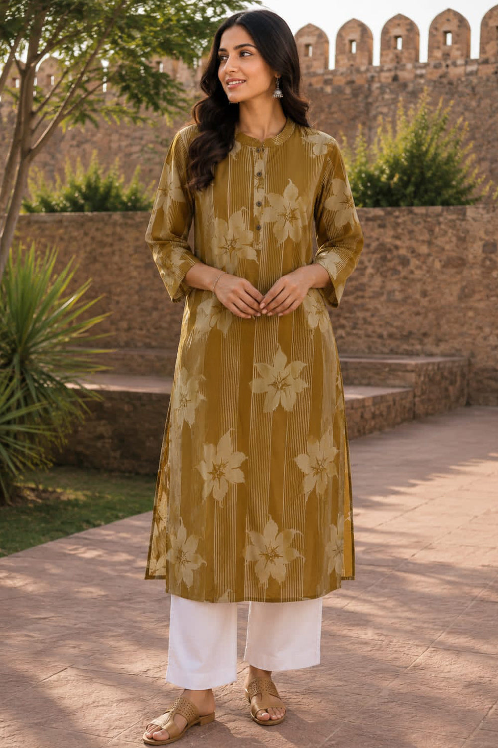 Women's Prints Cotton Blend Kurti with Mandarin Collar, 3/4 Sleeve and Regular Fit - Below Knee | Casual Ethnic Wear Kurti for Daily Wear & Casual Outings - 2132