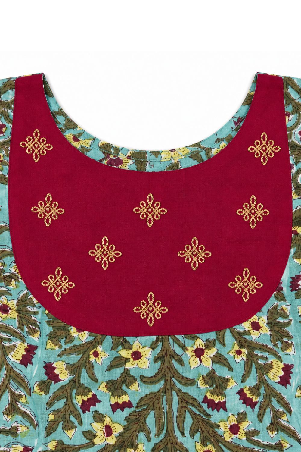 Chittythalli Girls Block Printed Cotton Embroidered Pavadai Set - Sea Green - PS12