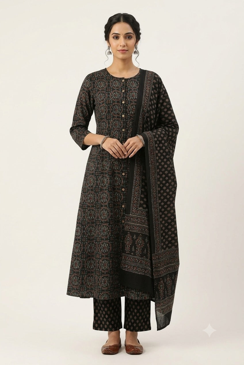 Women's Prints Cotton Blend Chudidar Set with Mandarin Collar and 3/4 Sleeve - Below Knee | Comfortable Ethnic Wear Chudidar Set for Office Wear, Daily Wear, Festive Wear - O165
