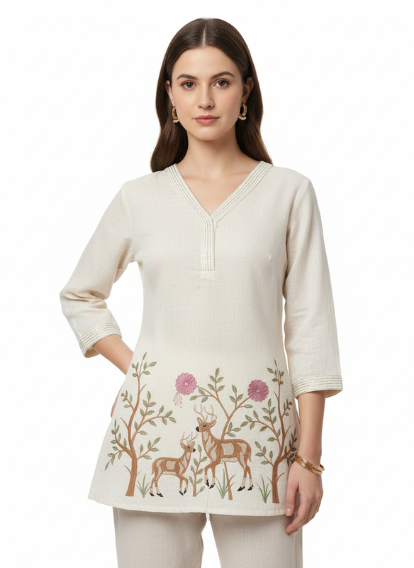 Women’s Cotton Blend Kurta Set | Regular Fit Daily Wear Embroidered Co-Ord Set with V Neck & 3/4 Sleeves – Comfortable Woven Fabric Ethnic Wear for Women - White - F322
