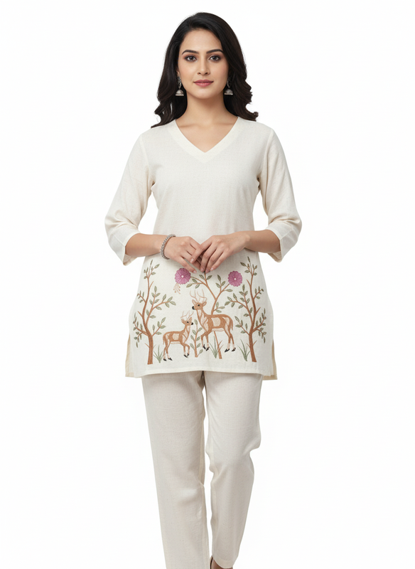 Women’s Cotton Blend Kurta Set | Regular Fit Daily Wear Embroidered Co-Ord Set with V Neck & 3/4 Sleeves – Comfortable Woven Fabric Ethnic Wear for Women - White - F322