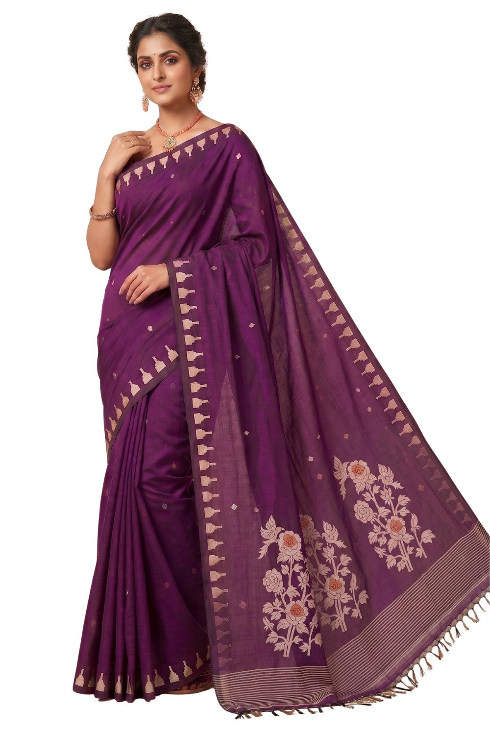 Naidu Hall Women's Wine Khadi Cotton Blend Jacquard Saree with Blouse | Lightweight Ethnic Wear Saree - G533