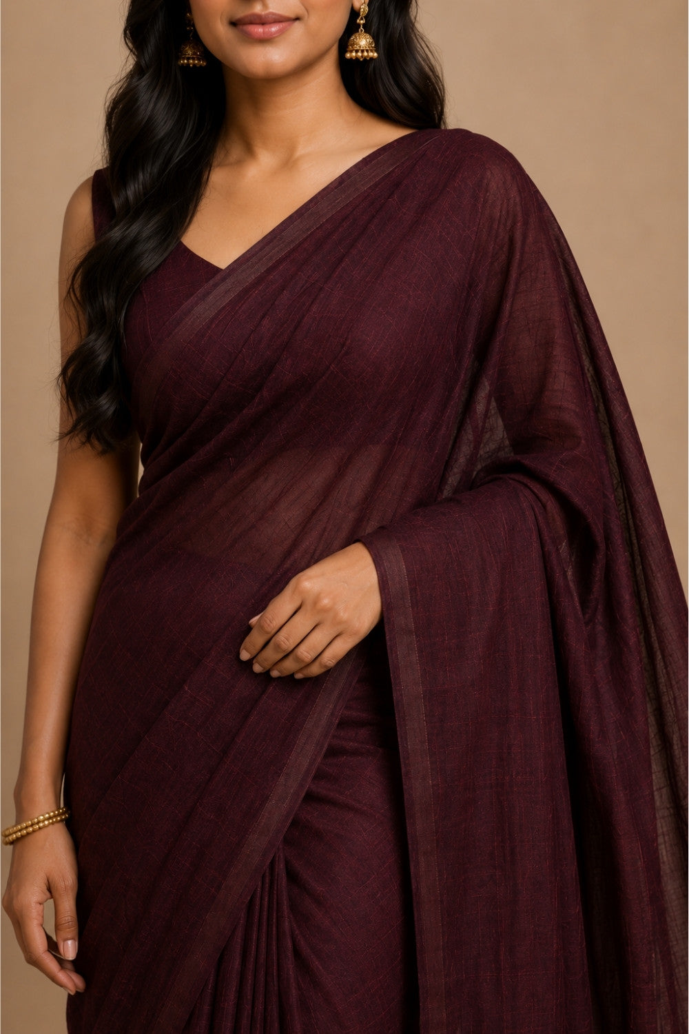 Naidu Hall Women's Wine Khadi Cotton Blend Solid Saree with Blouse | Lightweight Ethnic Wear Saree - G359