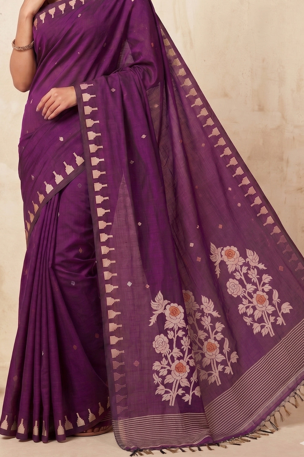 Naidu Hall Women's Wine Khadi Cotton Blend Jacquard Saree with Blouse | Lightweight Ethnic Wear Saree - G533
