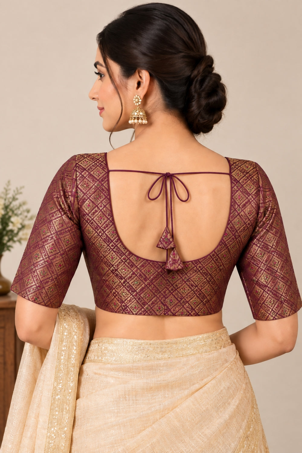 Women's Art Silk Printed Saree Blouse | Round Neck Elbow Sleeve Readymade Blouse | Regular Fit Woven Ethnic Blouse | 4341