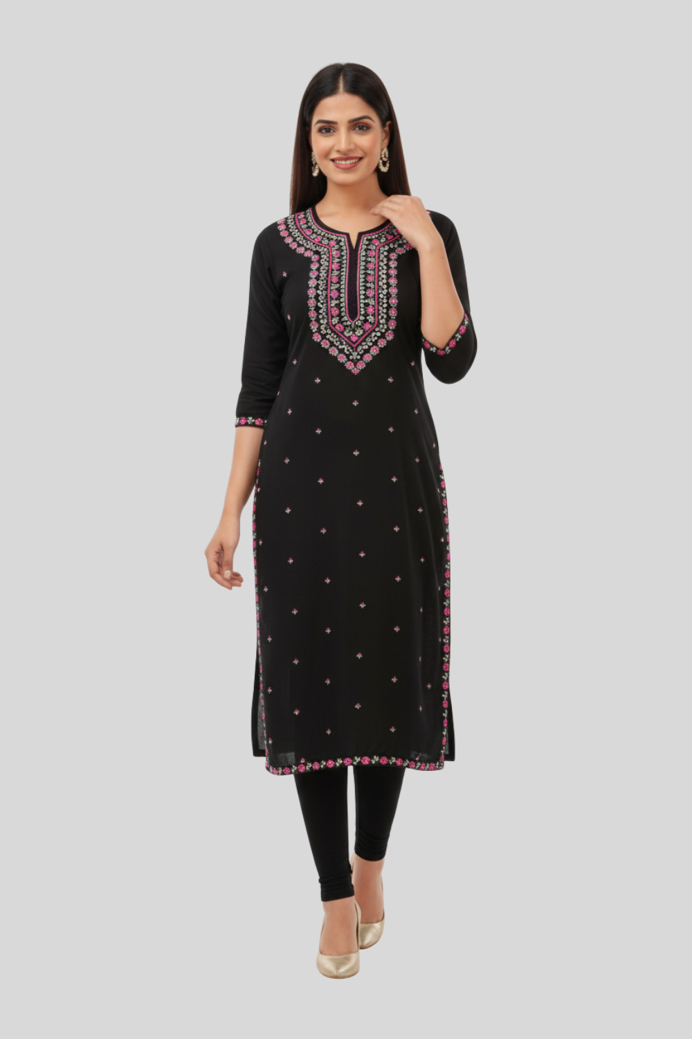 Women’s Embroidered Rayon Kurti with Round Neck & 3/4th Sleeves | Below-Knee Regular Fit Daily Wear Kurta - 0973