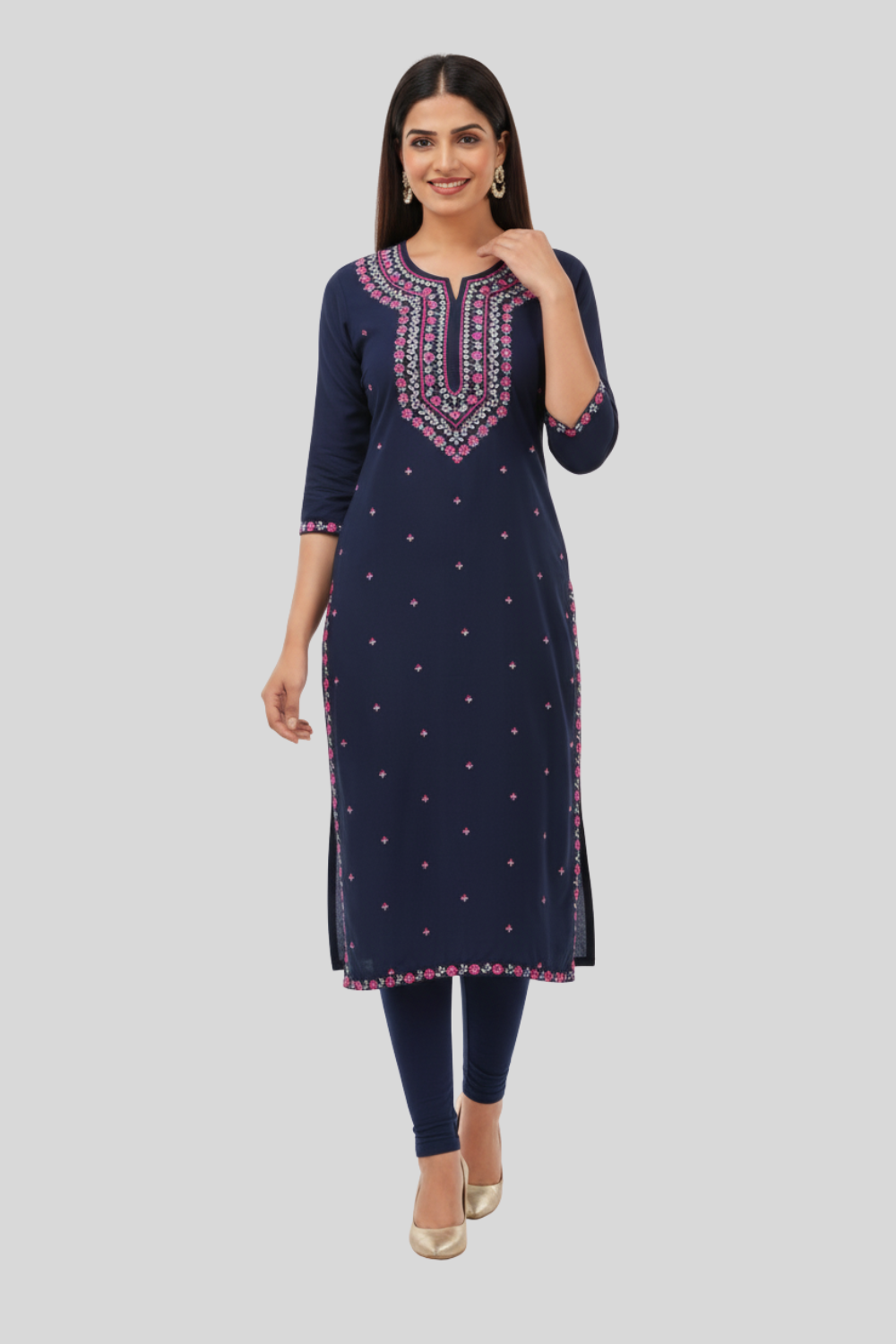Women’s Embroidered Rayon Kurti with Round Neck & 3/4th Sleeves | Below-Knee Regular Fit Daily Wear Kurta - 0973