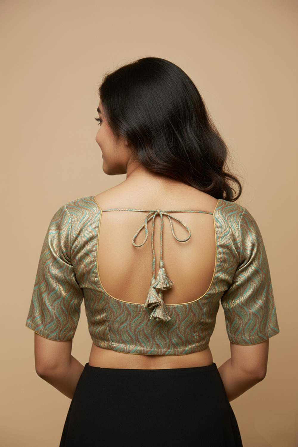 Women's Blouse Art Silk Padded Front Open Round Neck Princess Cut Elbow Sleeve Saree Blouse with Round Back - Light Brown- 4189