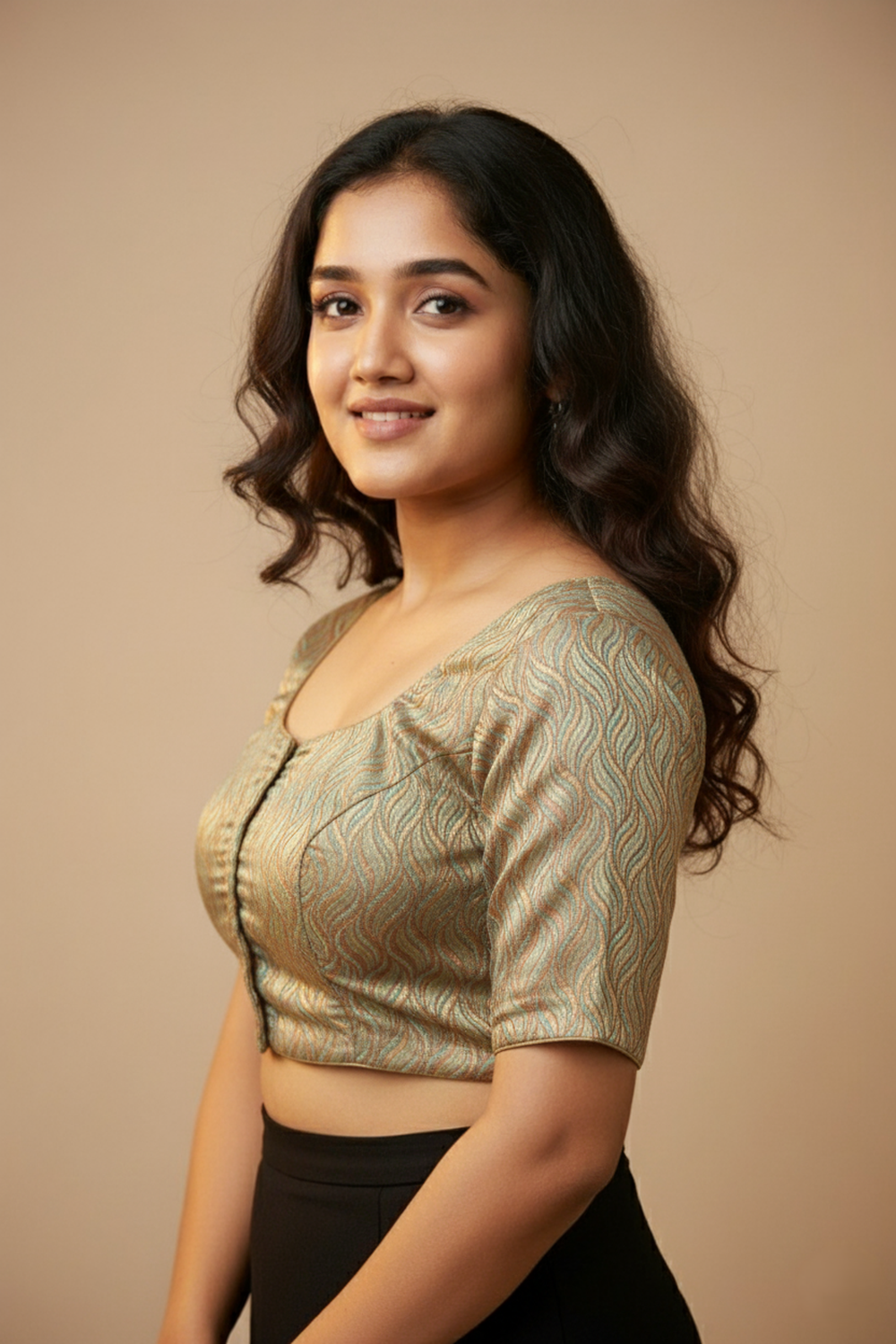 Women's Blouse Art Silk Padded Front Open Round Neck Princess Cut Elbow Sleeve Saree Blouse with Round Back - Light Brown- 4189