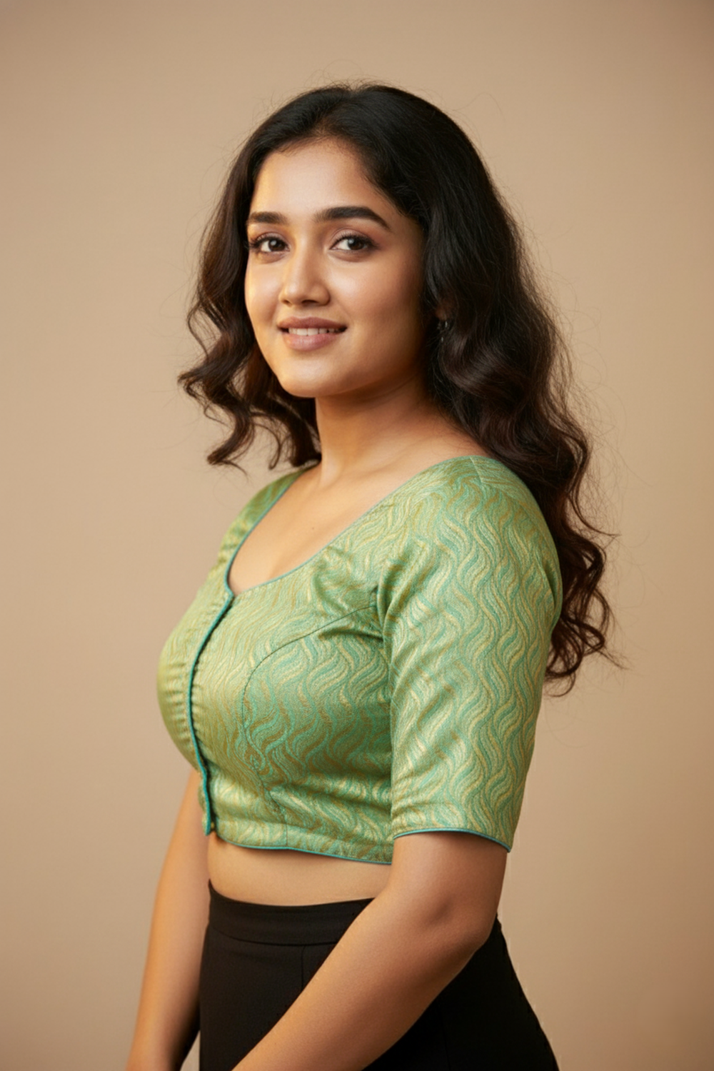 Women's Blouse Art Silk Padded Front Open Round Neck Princess Cut Elbow Sleeve Saree Blouse with Round Back - Pista Green - 4189