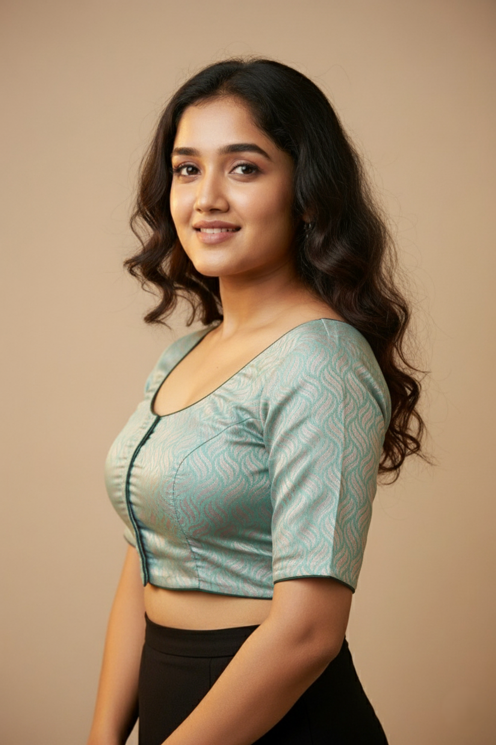 Women's Blouse Art Silk Padded Front Open Round Neck Princess Cut Elbow Sleeve Saree Blouse with Round Back - Sea Green - 4193