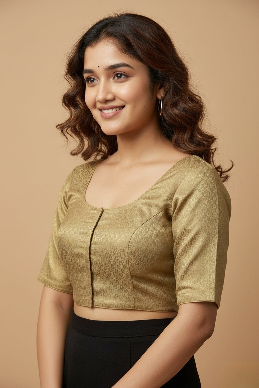 Women's Blouse Cotton Blend Padded Front Open Round Neck Princess Cut Elbow Sleeve Printed Saree Blouse - Gold - R113