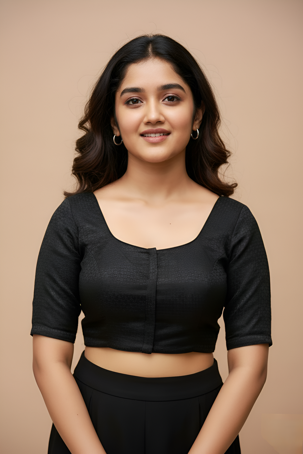 Women's Blouse Cotton Blend Padded Front Open Round Neck Princess Cut Elbow Sleeve Printed Saree Blouse - Black - R113